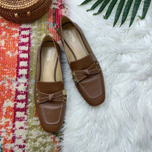 Michael Kors Brown Neutral Square Toe Preppy Leather Ripley Loafer Flat 8 - Picture 1 of 10